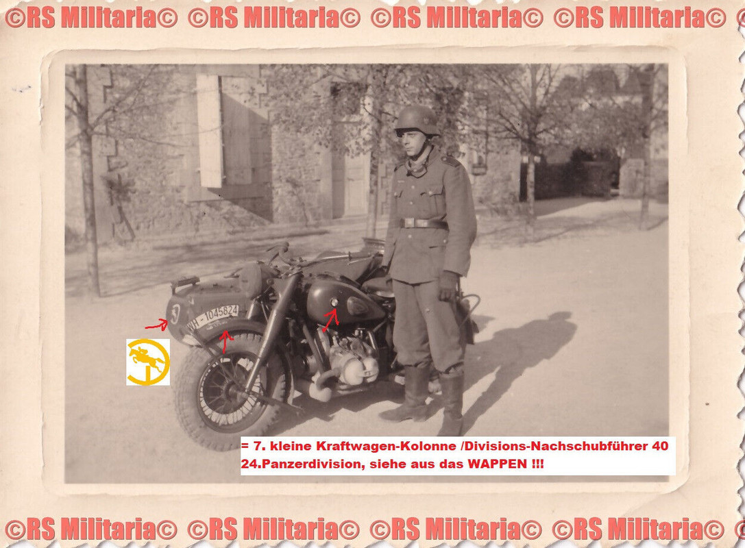 Beiwagen Motorrad BMW R 75 Wehrmachtsgespann mit Wappen der 24.PD März 1942