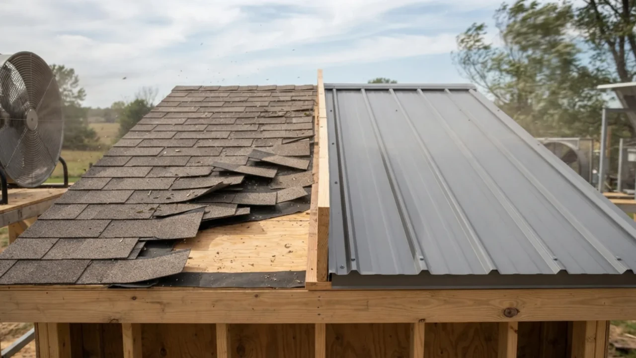 Side-by-side diagram showing wind uplift on asphalt shingles vs metal roof panel