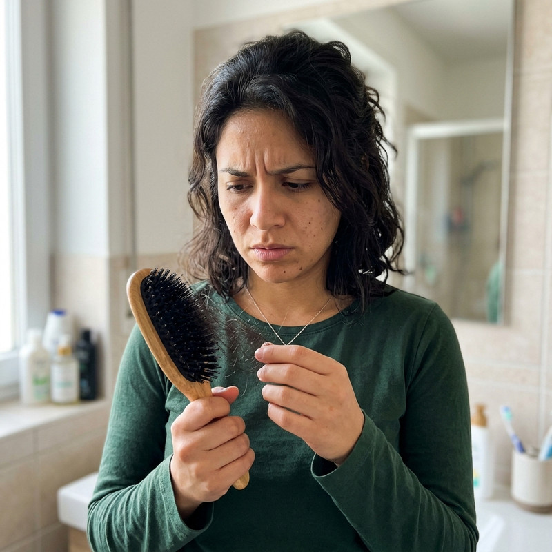 Mujer preocupada por caída del cabello