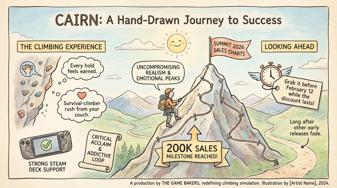 Mountain climber gripping rocky summit with dramatic cloudy sky