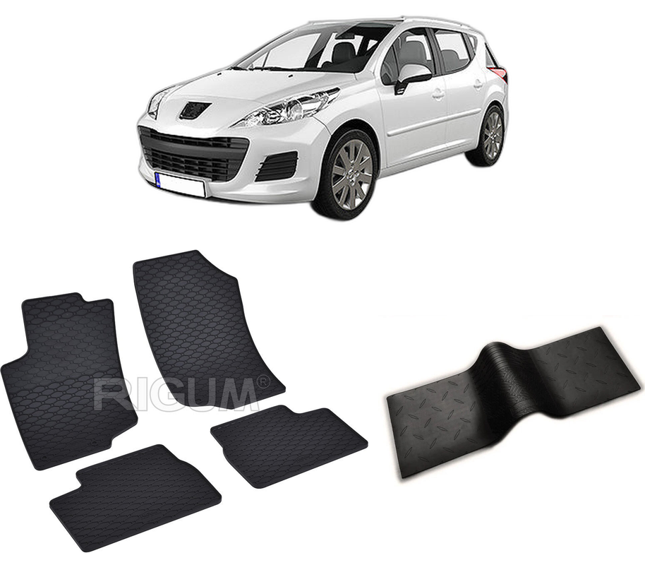 Set covorase auto PEUGEOT 207 din 2007-06.2013, cu covoras tunel median, CAROSERIE COMBI, Presuri cauciuc 100%, compatibil cu autoturismul PEUGEOT 207, Rigum