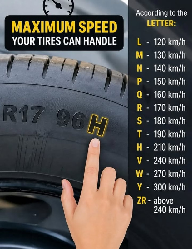 Tyre sidewall showing R17 96H with a chart of speed rating letters