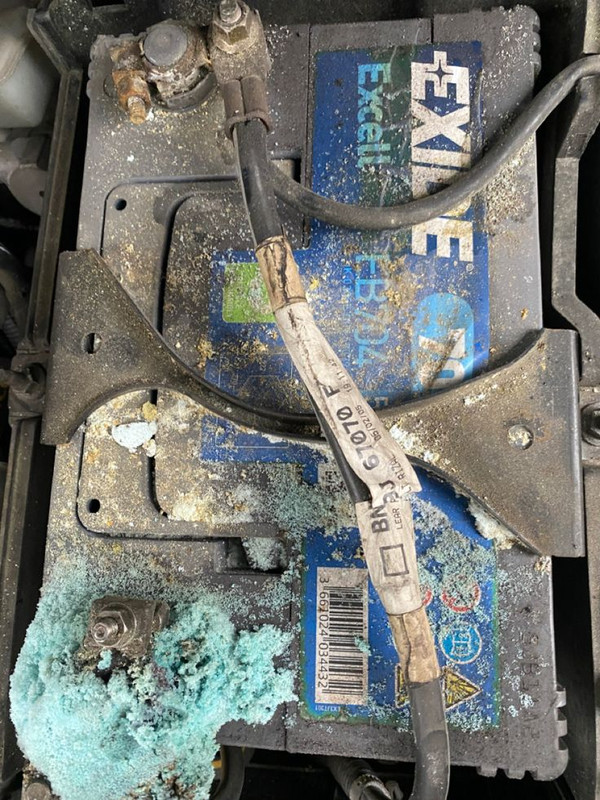 Battery terminals covered in blue-green corrosion