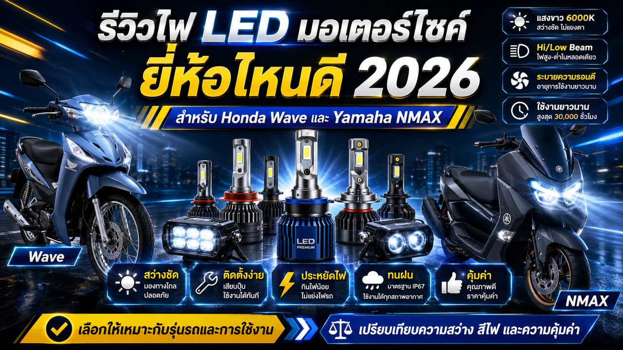 รีวิวไฟ LED มอเตอร์ไซค์ยี่ห้อไหนดี 2026 สำหรับ Honda Wave และ Yamaha NMAX