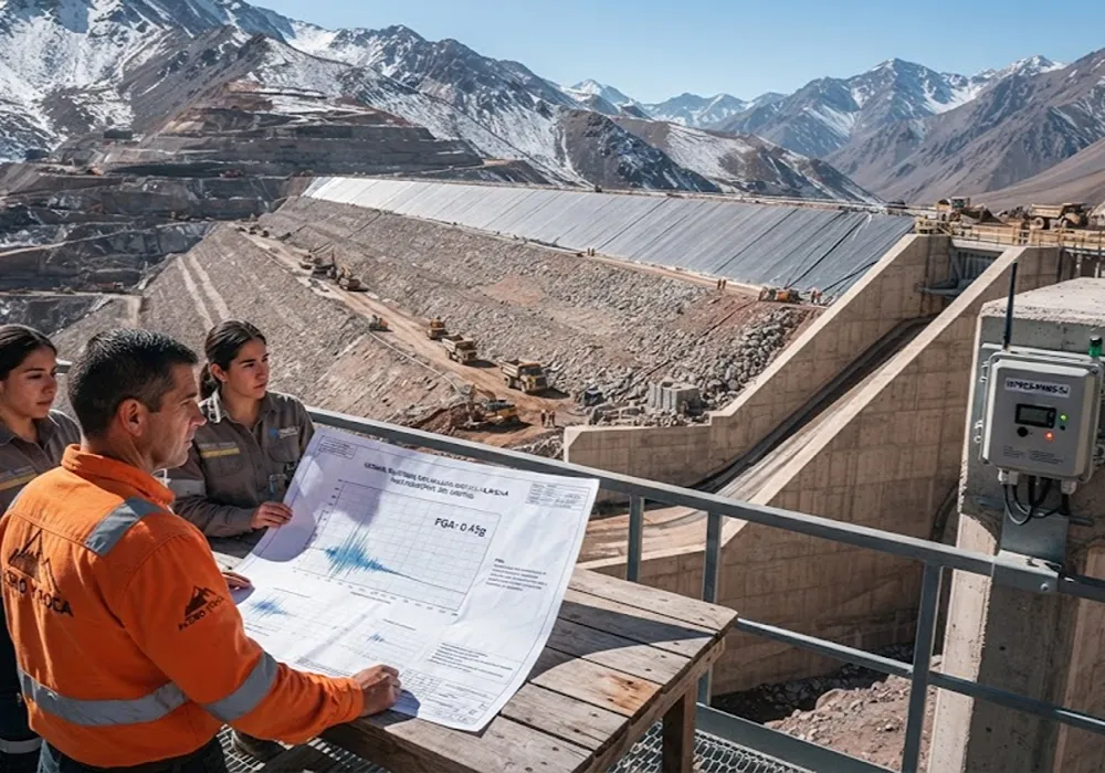 Ingenieros revisan planos de diseño sismorresistente y PGA para un dique de colas minero en la cordillera, con el logo de Acero y Roca bordado en un uniforme.
