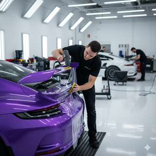 Installer applying clear paint protection film on door panel edge to guard against chips and scratches