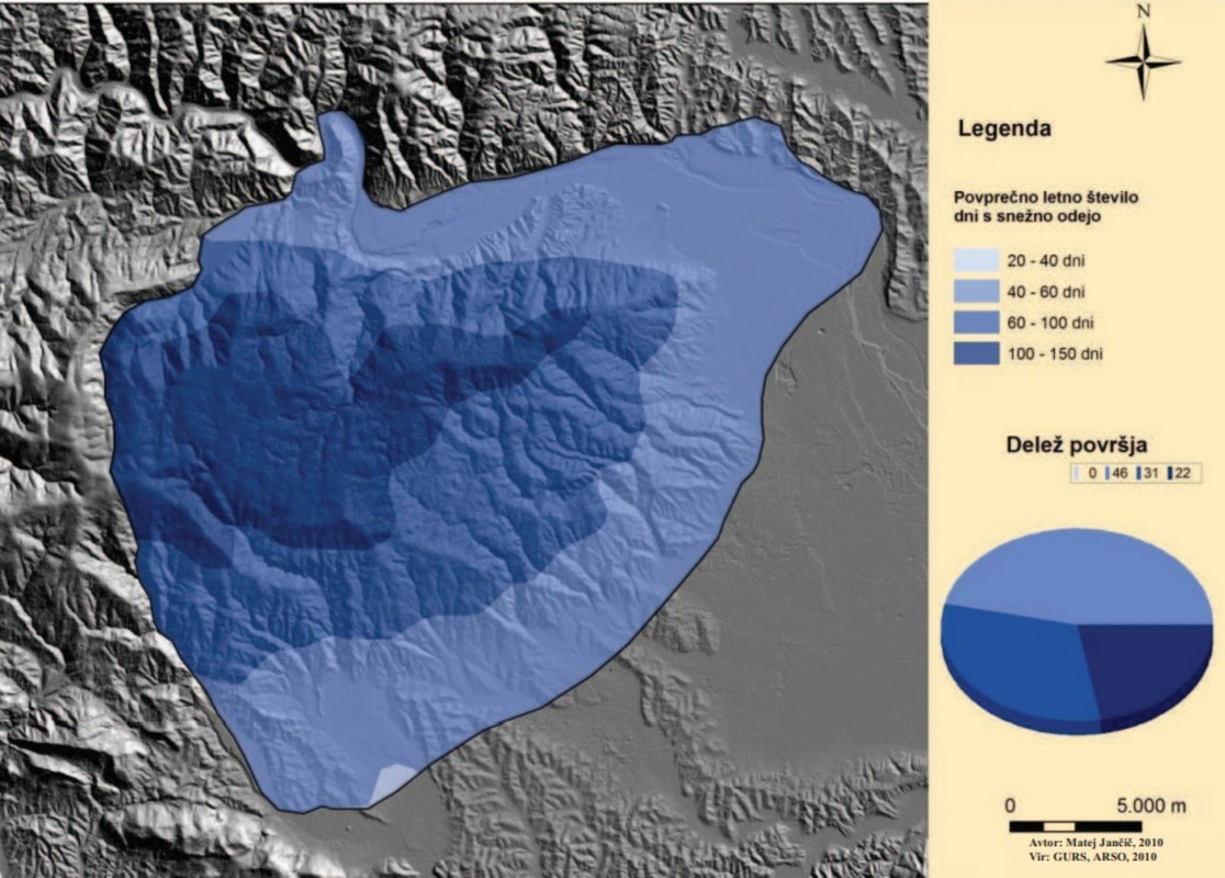 Povprečno število dni s snežno odejo-vzhodno Pohorje