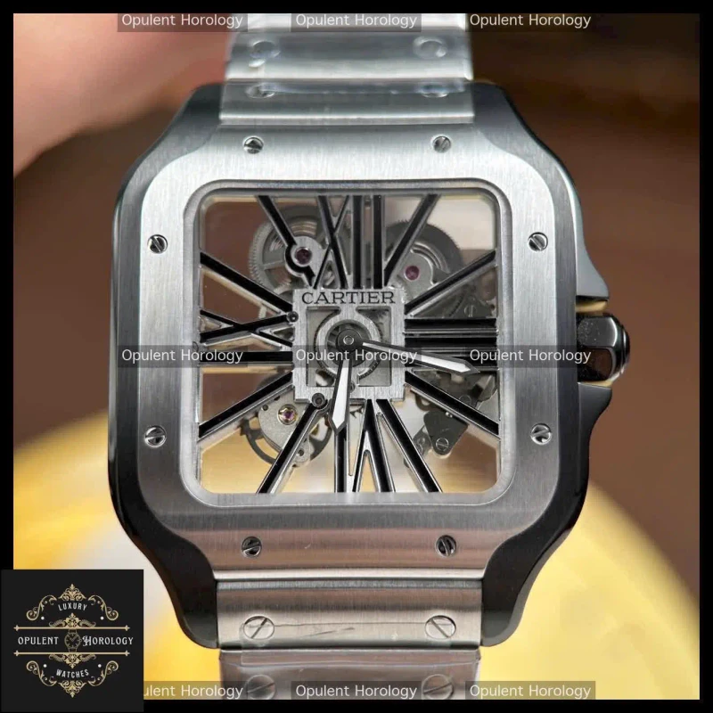 Cartier Santos Skeleton Replica 1:1 Watch Black Bezel 39.8mm Manual Winding Movement