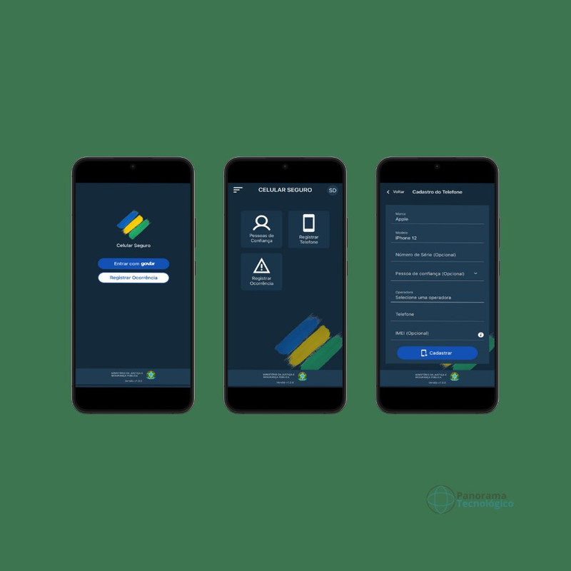 Três smartphones mostrando três diferentes telas do aplicativo Celular Seguro do Governo Federal