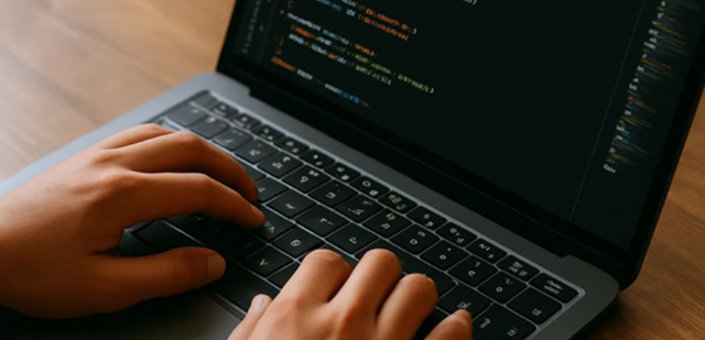 A person typing on a laptop, showing code on the screen.