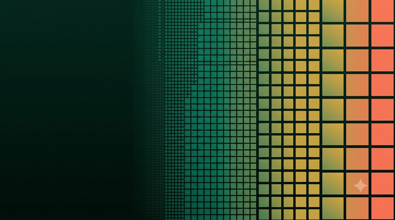 A field of very fine squares on the left resolving into large individual squares on the right, each carrying an averaged colour