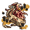 a pixel brown, red and yellow bogsneak dragon hovering slowly up and down, surrounded by black and gold candles