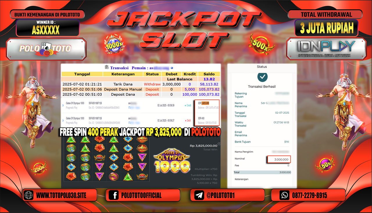 POLOTOTO JACKPOT SLOT GATES OF OLYMPUS 1000 Rp.3.000.000,-