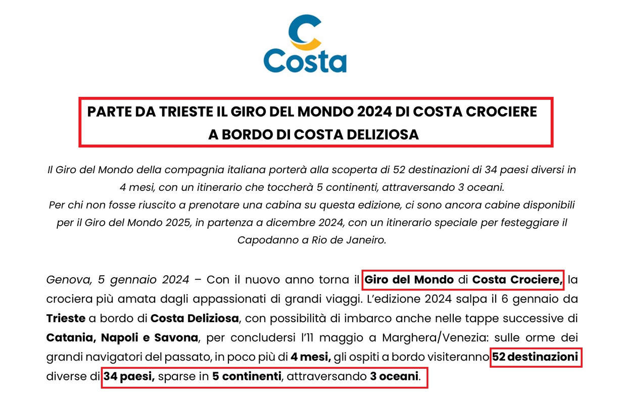 Costa DeliziosaParte oggi da Trieste il Giro del Mondo 2024 di Costa