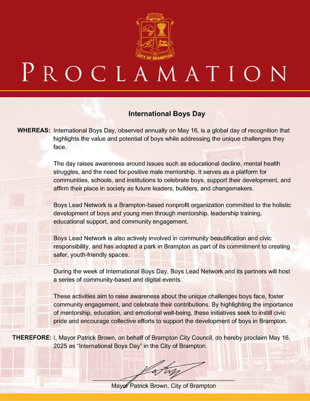 Official proclamation recognizing International Boys Day in Brampton, Ontario