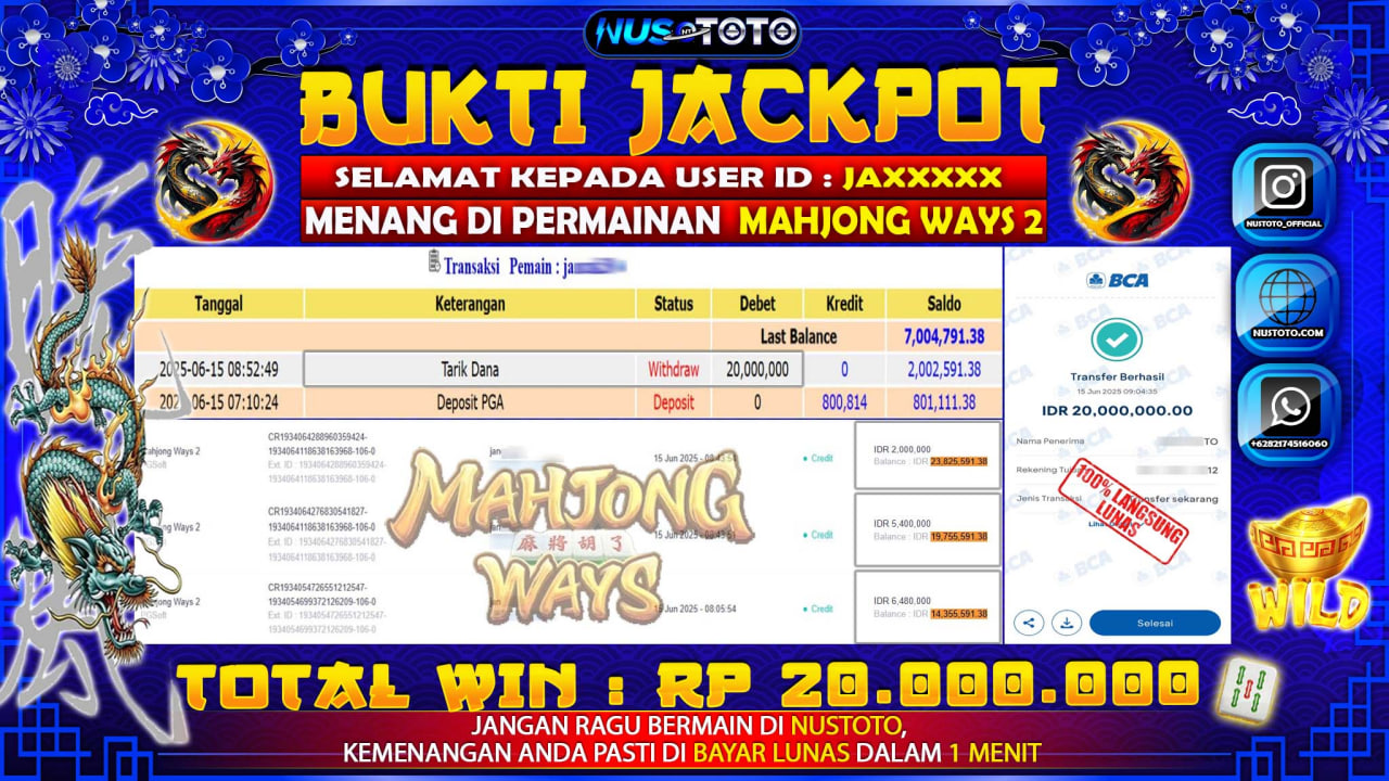 JACKPOT !! MENANG BESAR DI SLOT MAHJONG WAYS 2 Rp. 20.000.000 LANGSUNG DI BAYAR LUNAS NUSTOTO !!