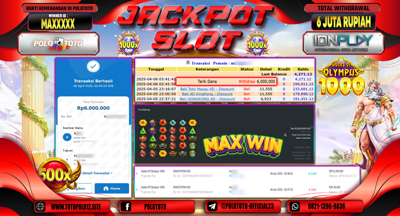 POLOTOTO JACKPOT SLOT GATES OF OLYMPUS 1000  Rp.6.000.000,- LUNAS