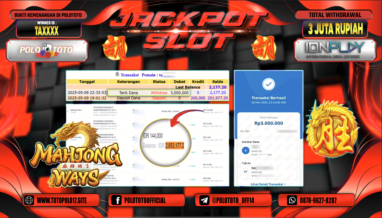 POLOTOTO JACKPOT SLOT MAHJONG WAYS Rp.3.000.000,-