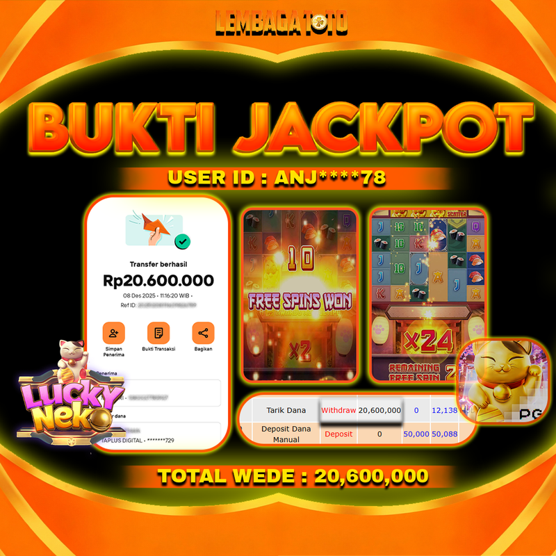 BUKTI JACKPOT 09 DECEMBER LEMBAGATOTO LUCKY NEKO Rp20,600,000,- LUNAS