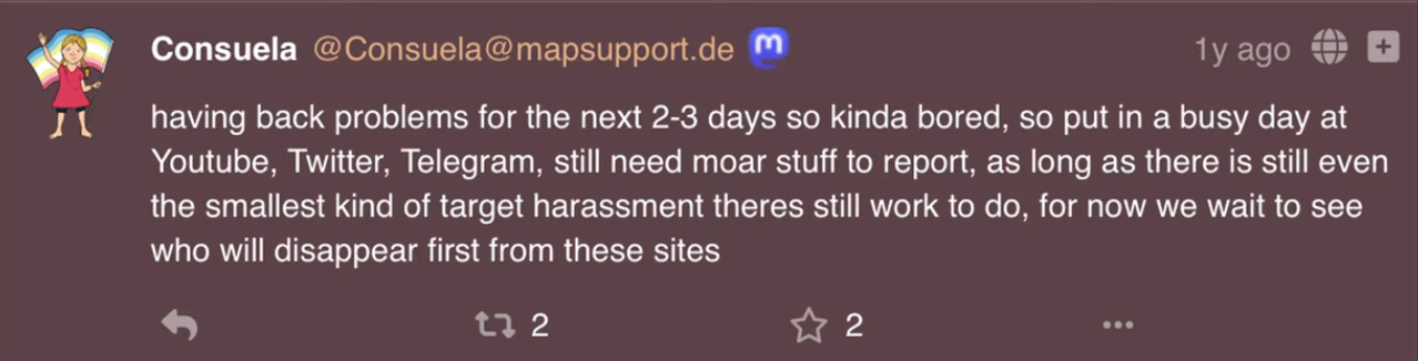 post from consuela on the pedo support mastodon instance talking about reporting people because she is bored