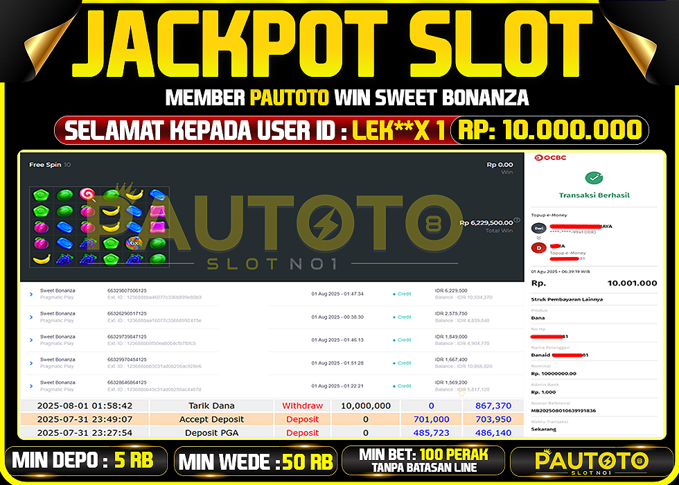 BUKTI PEMBAYARAN TGL 1 AGUSTUS2025 MENANG DI PERMAINAN SWEET BONANZA TOTAL WD 10 JUTA