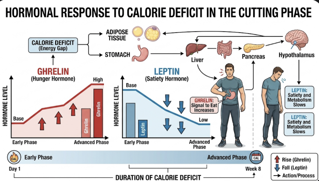 Diagram showing ghrelin leptin and cortisol pathways during calorie restriction and their effect on appetite regulation