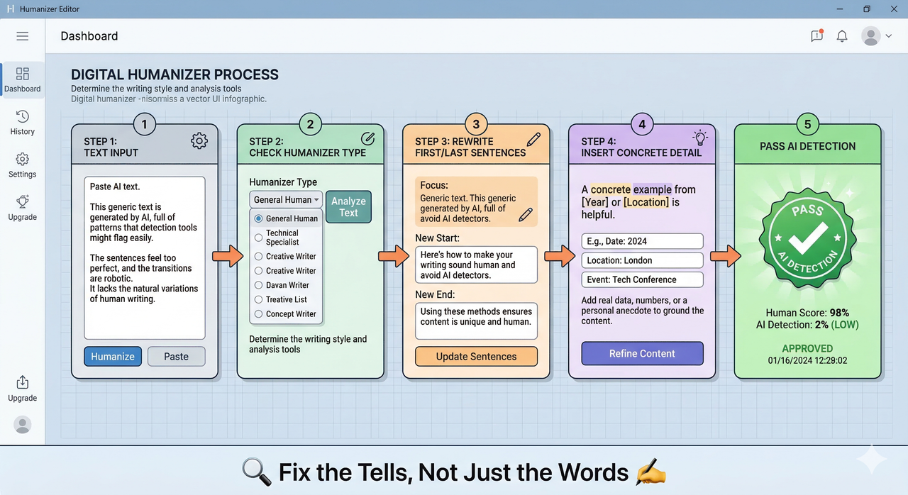 Flowchart showing how to fix AI humanizer tells — Paste AI text, Check Humanizer Type, Rewrite First and Last Sentences, Insert Concrete Detail, Pass AI Detection