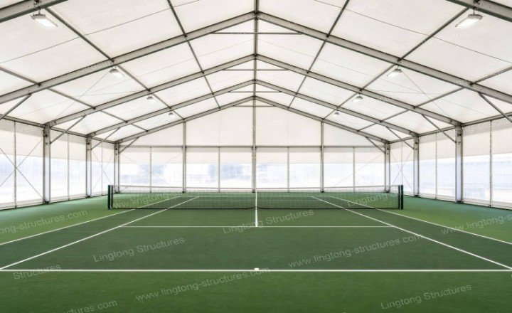 Anchoring system installation of pickleball tent using bolt and ballast weight on concrete