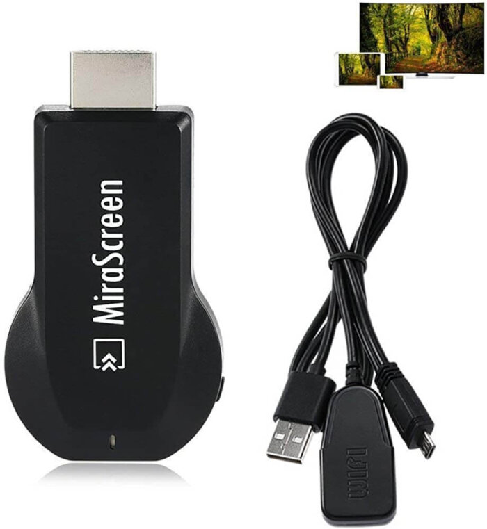 Dispositivo MiraScreen conectado a un puerto HDMI de TV, con su cable USB/WiFi.