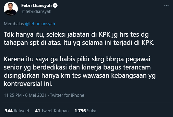 Cuitan Febri Diansyah terkait keheranannya pada penyidik senior KPK yang terancam dipecat karena tak lolos TWK.