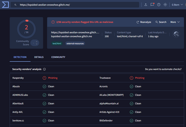 Virustotal zeigt Phishing