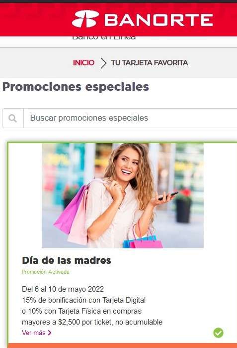 Banorte - Día de las madres - 15% de bonificación tarjeta digital o 10% con tarjeta física en compras mayores de $2,500 