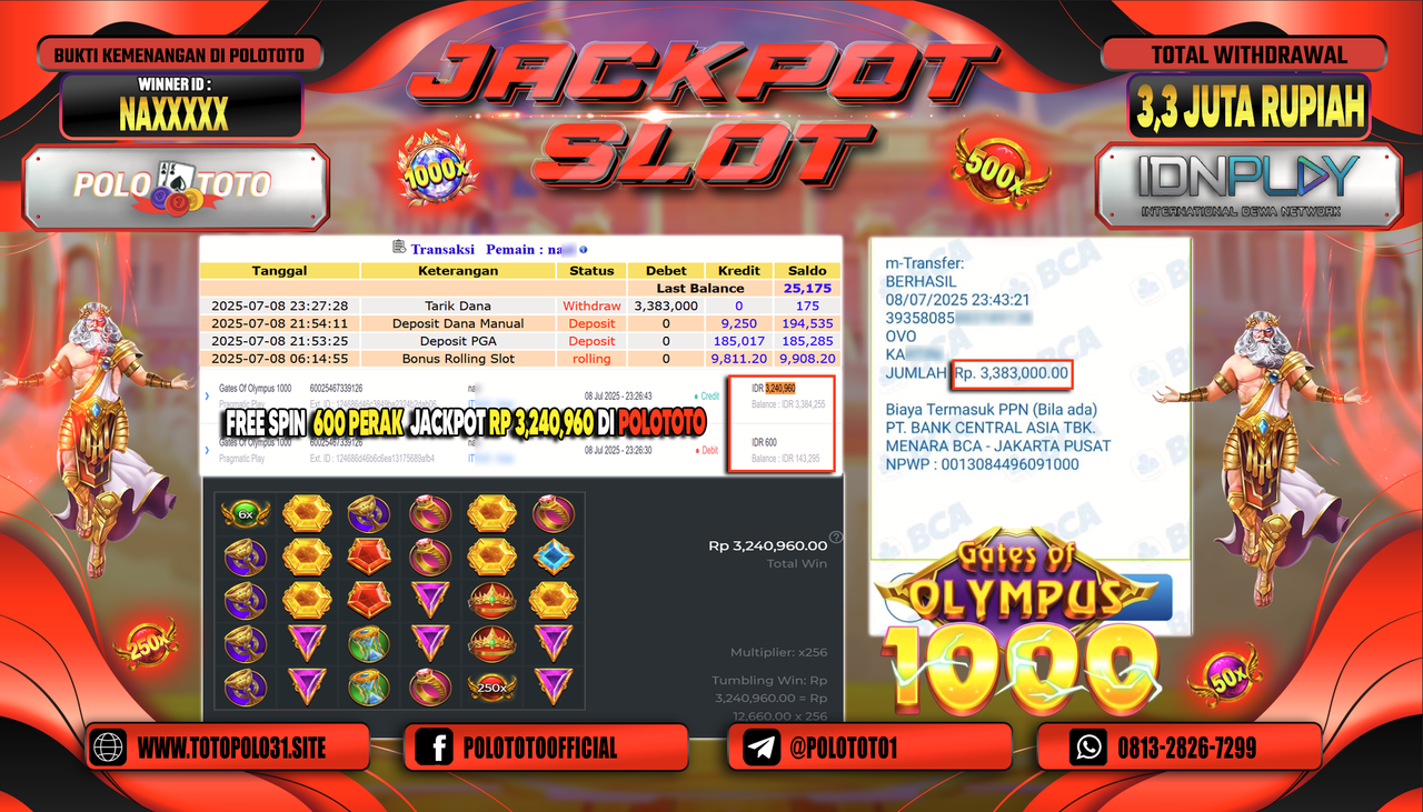 POLOTOTO JACKPOT SLOT GATES OF OLYMPUS 1000 Rp.3.383.000,-