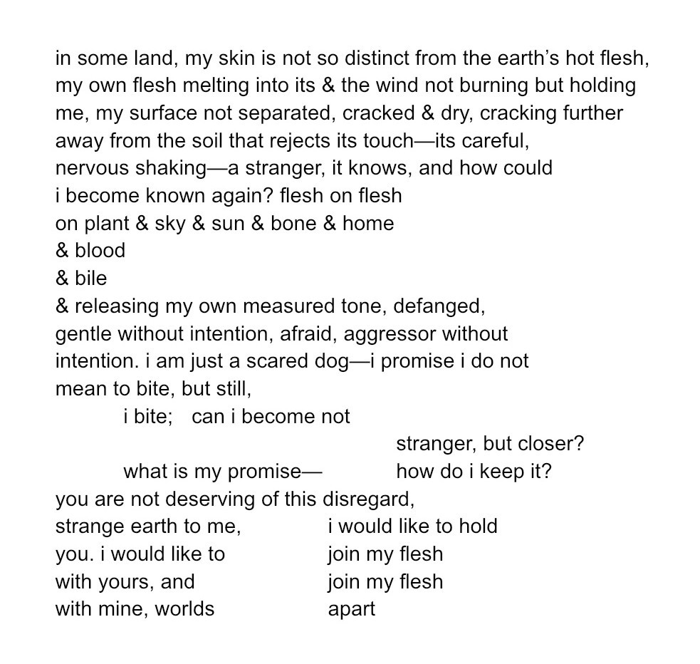 a screenshot of a poem i wrote vaguely about connection to land as a settler, displaced through colonialism from 'my' land... sorry, not getting transcribed right now