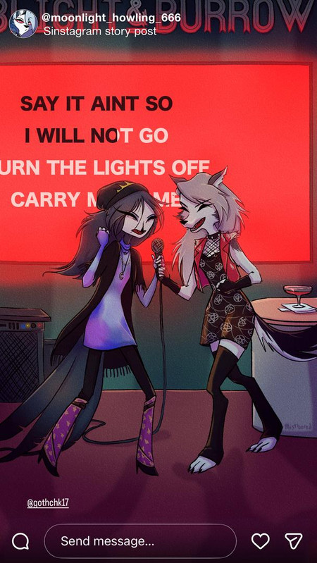 Sinstagram story posted by Loona of herself and Via singing at a karaoke bar. There is a red screen with words behind them and Via's Sinstagram account is also tagged