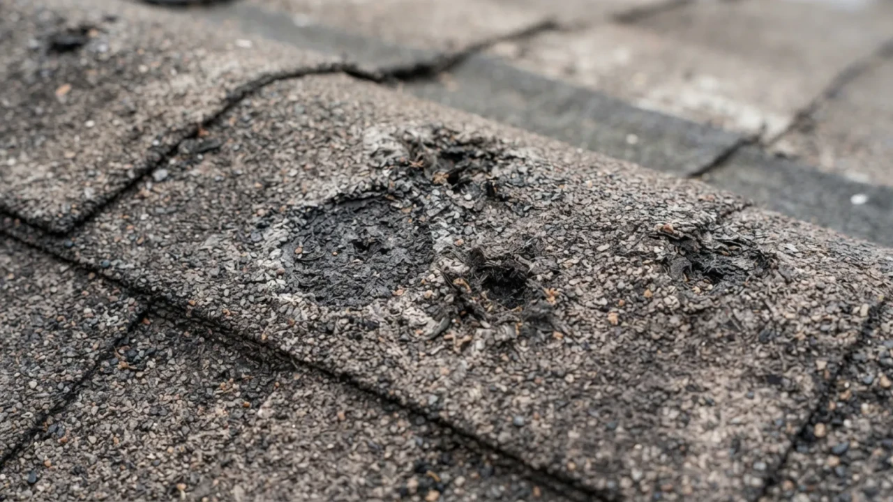 Close-up of hail bruising on asphalt shingles showing granule loss and exposed asphalt mat