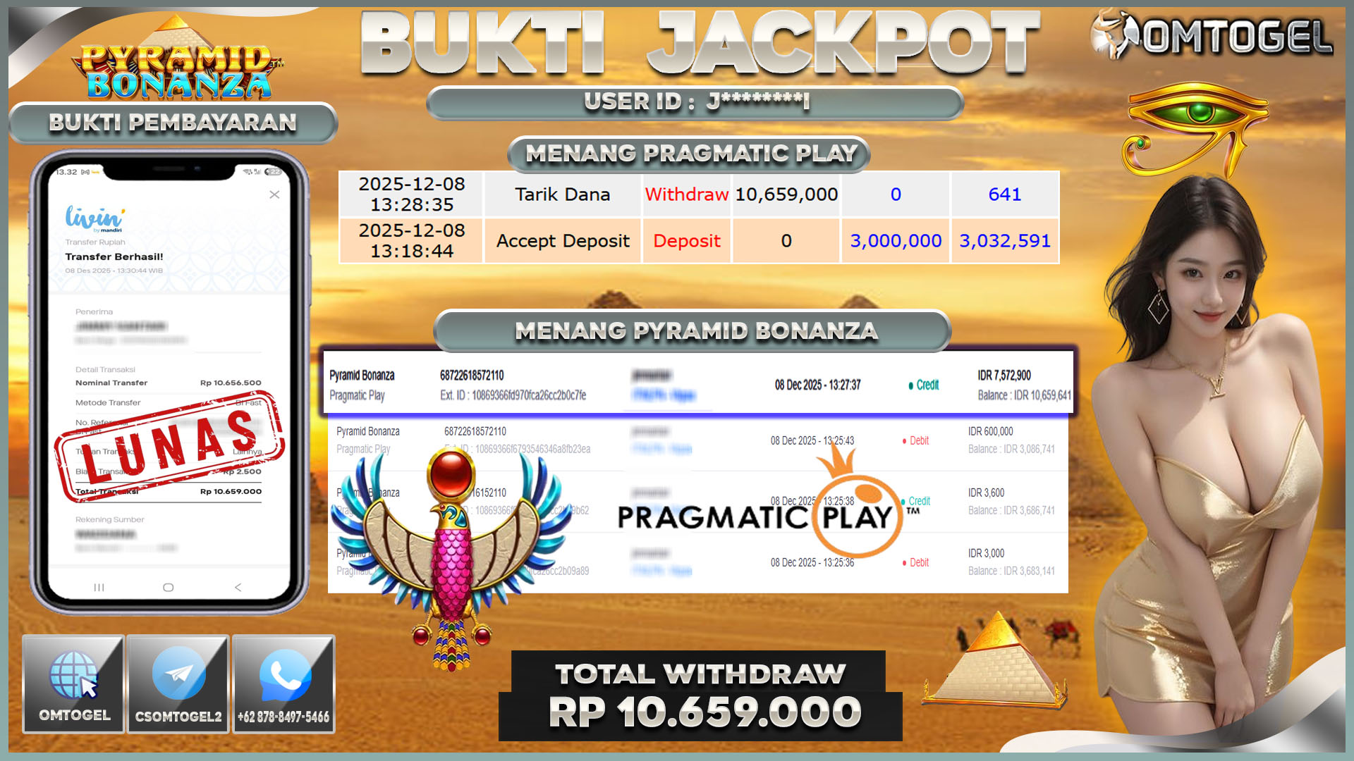 OMTOGEL JACKPOT PRAGMATIC PLAY PYRAMID BONANZA ,10 JUTA DI BAYAR LUNAS ,-