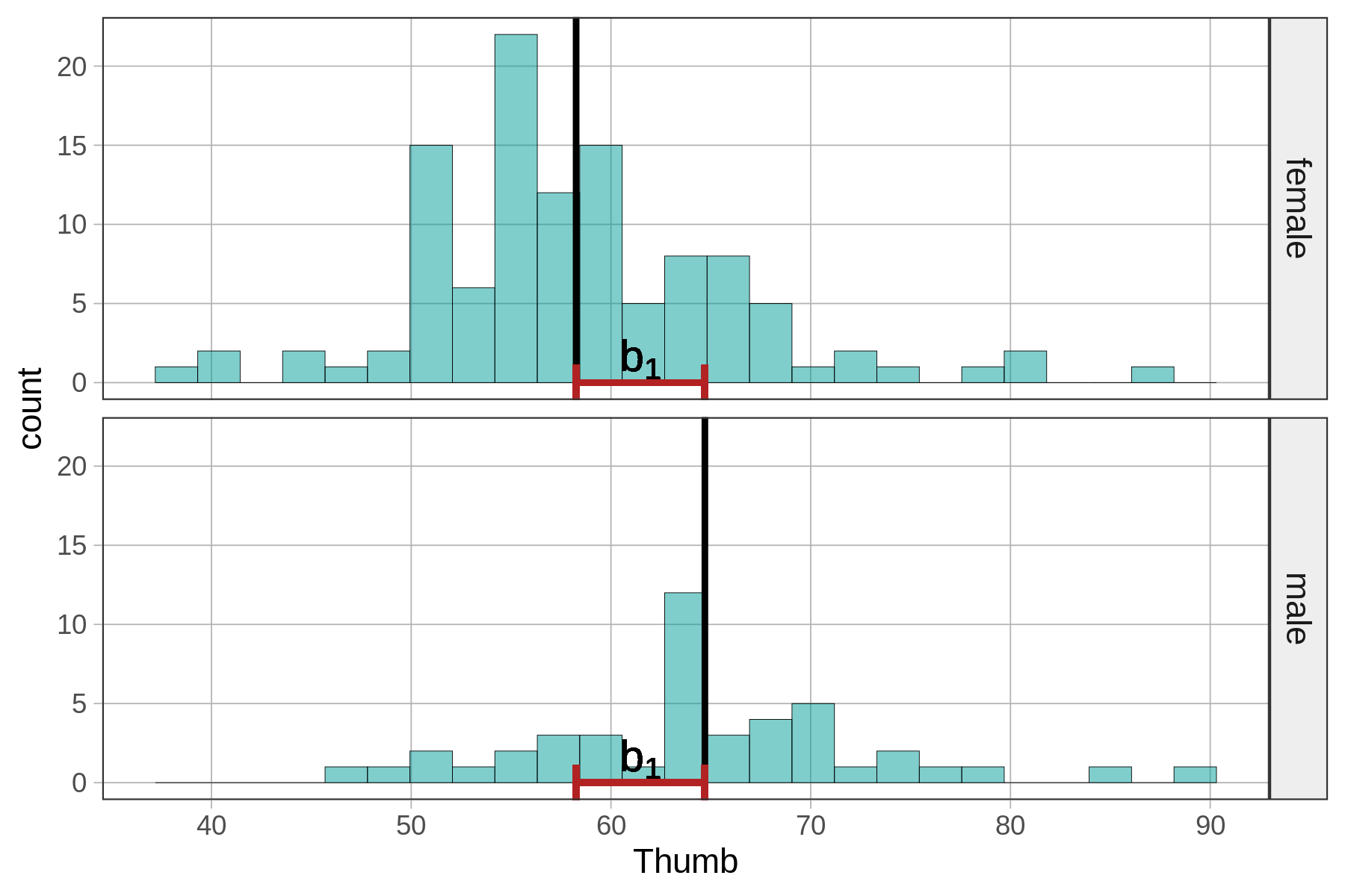 A faceted histogram of the distribution of Thumb by Sex on the left with vertical lines showing the mean for each Sex group. The mean for the male group is higher than the mean for the female group. 