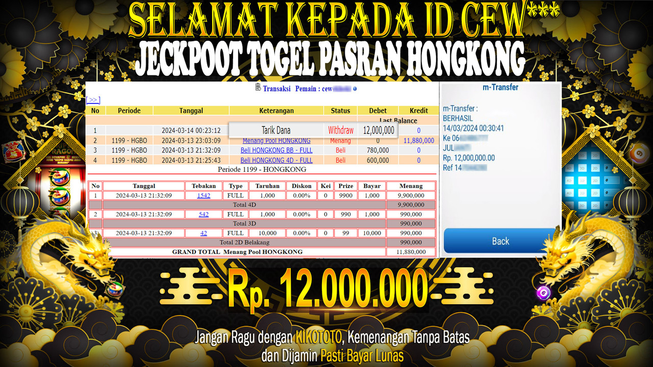 MENANG BESAR DI TOGEL PASARAN HONGKONG SEBESAR Rp 12,000,000 LANGSUNG DAN TANPA BASA BASI DI BAYAR KOITOTO !!!