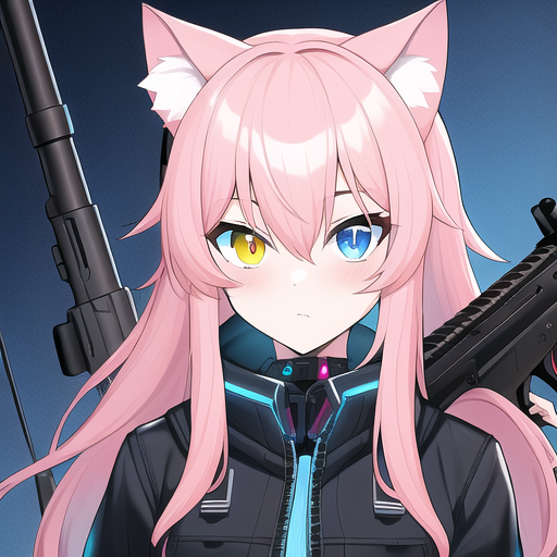 light pink hair, cyberpunk, cat ears, teenage, 1 girl, assault rifle, odd eye, y s-225414722