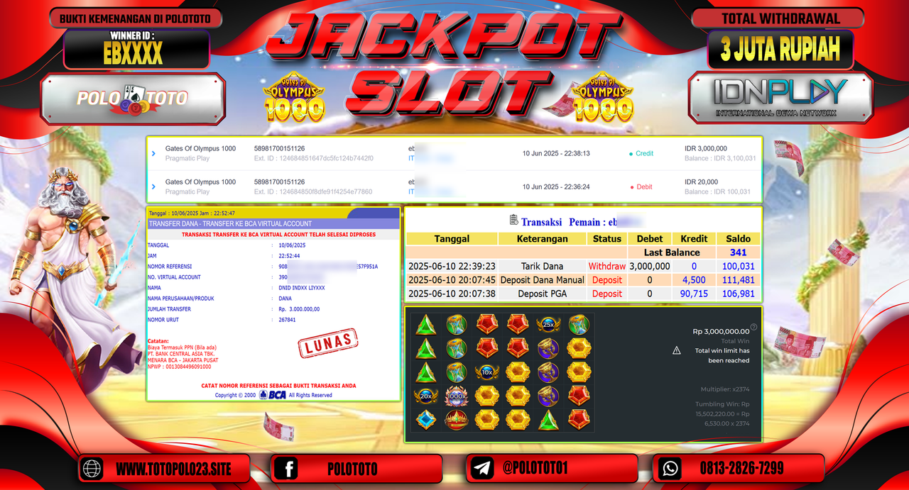 POLOTOTO JACKPOT SLOT GATES OF OLYMPUS 1000 Rp.3.000.000,-