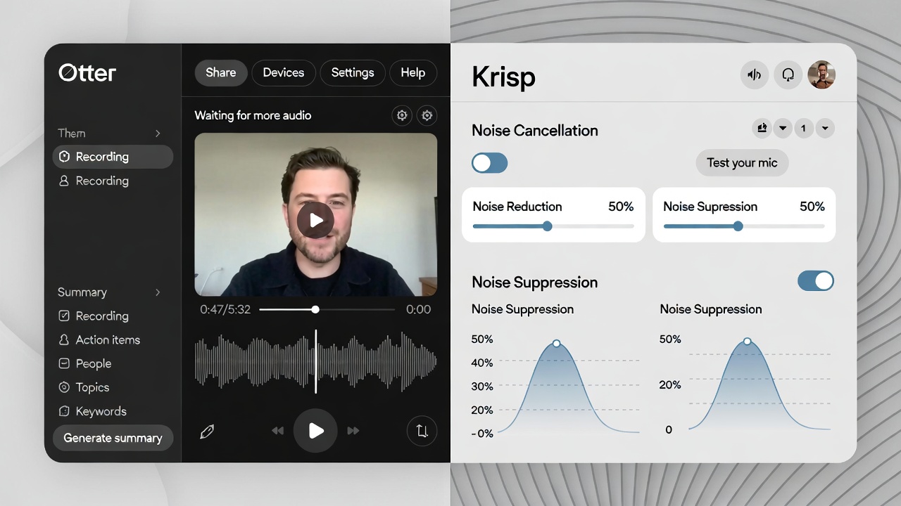 Split screen showing Otter transcription interface and Krisp noise cancellation dashboard