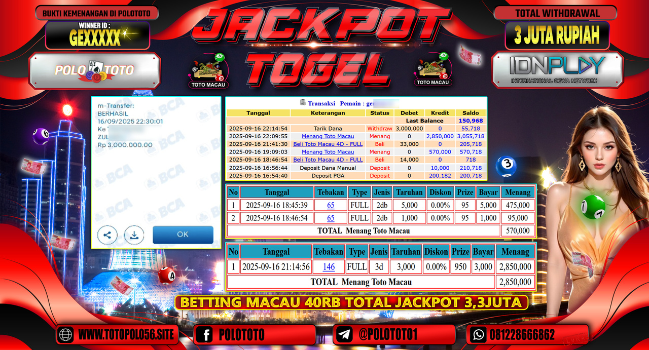 POLOTOTO JACKPOT TOGEL TOTO MACAU Rp.3.000.000,-