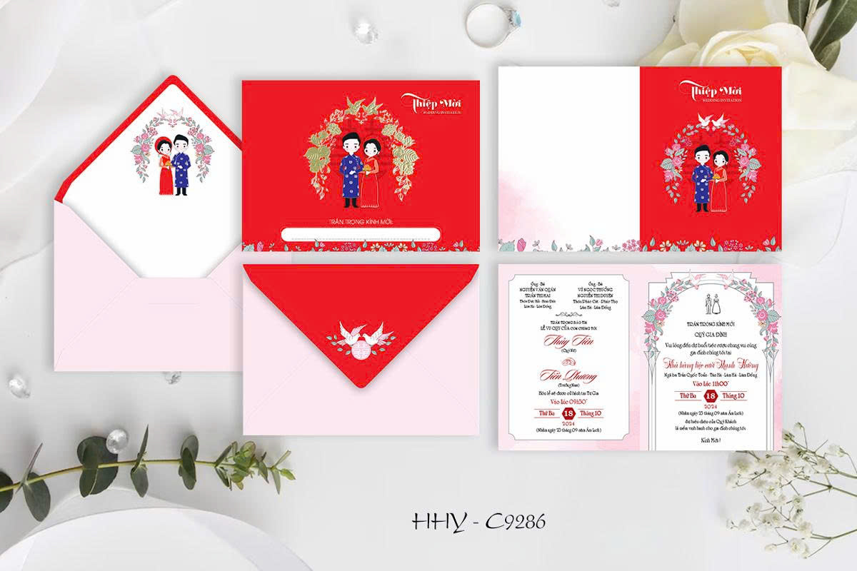 Thiệp chibi ép kim vòm hoa tone đỏ (9286)