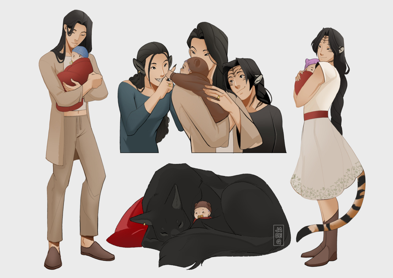 Arts of baby Rumi with Celine, half shifted Miyeong and Poppy. Bonus of Wolf Poppy cuddling with a sleepy baby Rumi