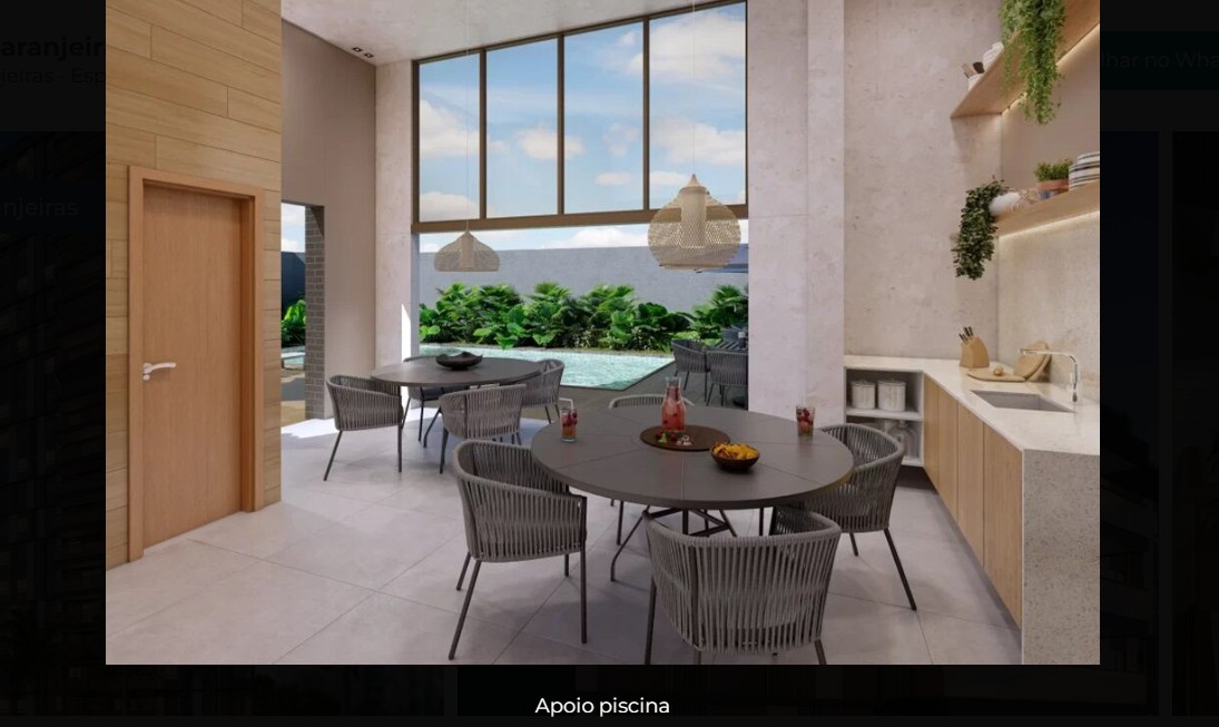 Área de apoio da piscina com deck e espaço gourmet no Palácio das Laranjeiras