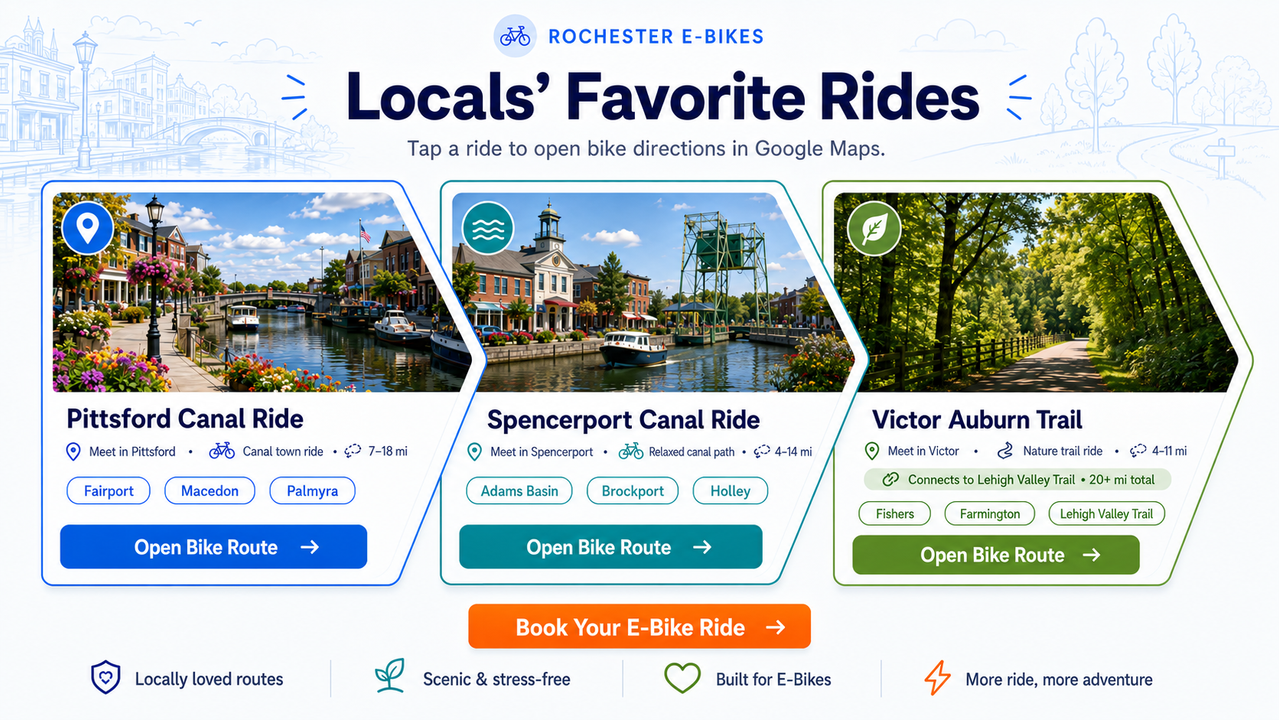 Rochester E-Bikes locals favorite rides with bike route links and booking button