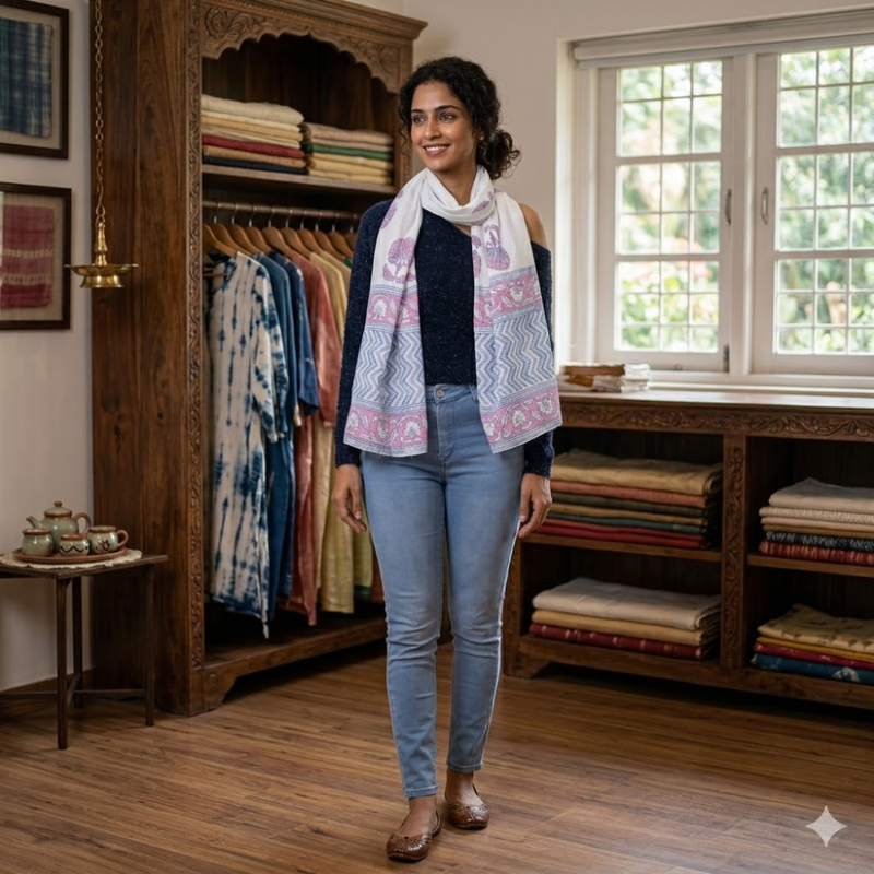 Floral Mist Handblock Printed Cotton Stole