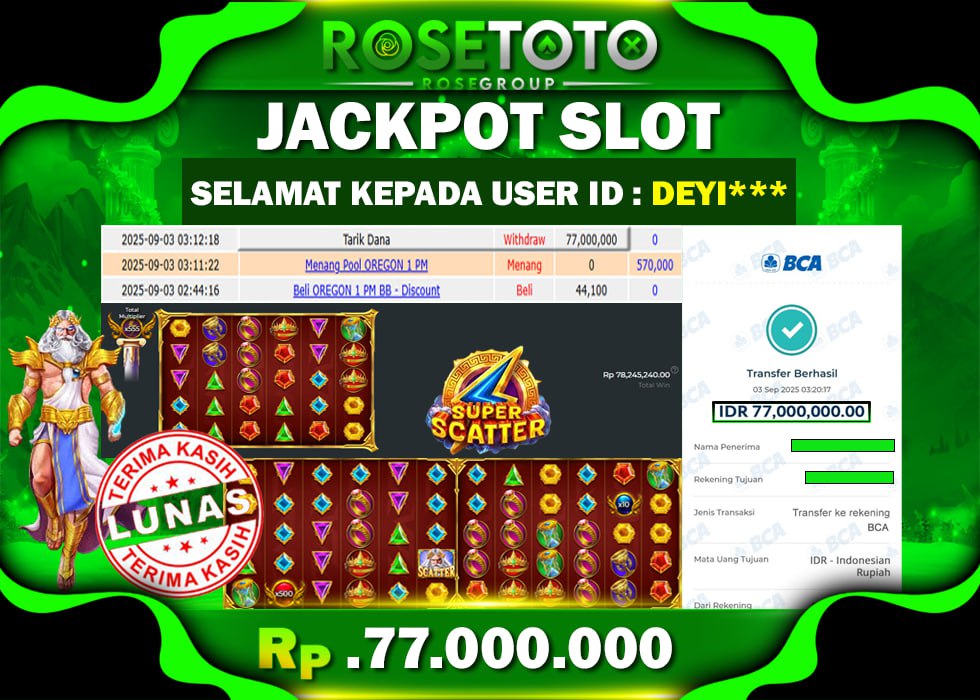 ROSETOTO JACKPOT SLOT Gates Of Olympus Super Scatter Rp.77.000.000.,- LUNAS