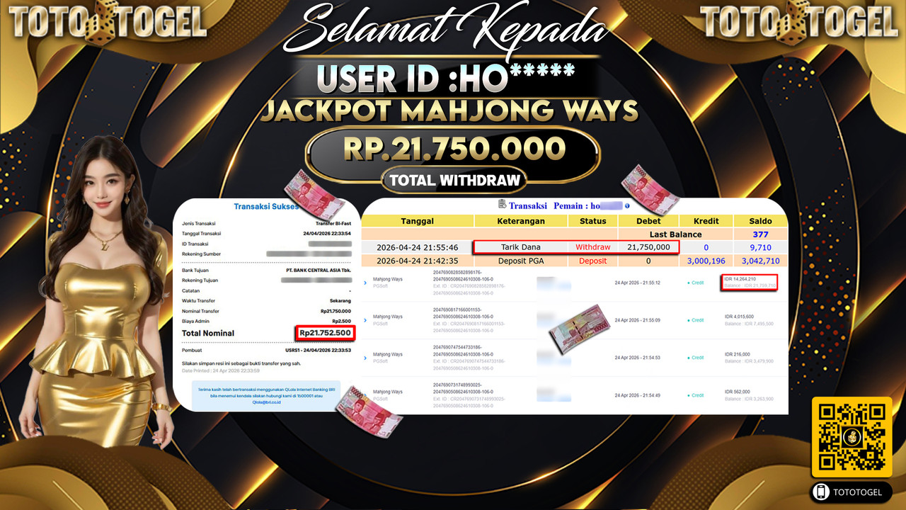 Bukti Pembayaran Jackpot Permainan Slot Mahjong Ways ID:HO*****LUNAS
